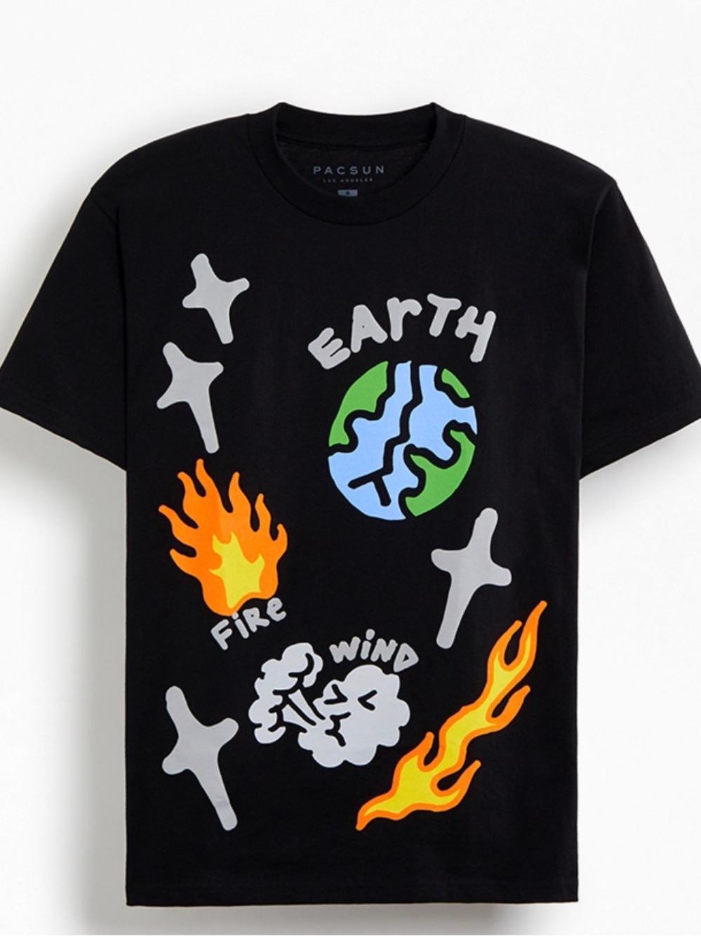 PacSun Black Graphic Tee with Blue & Green Earth and Orange Flame Art